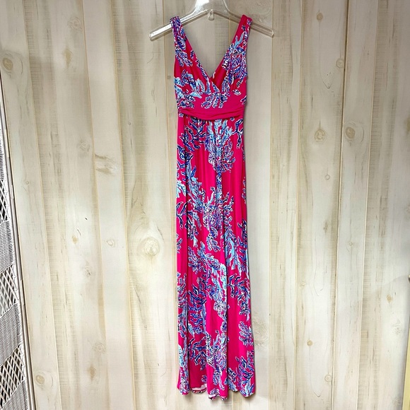 Lilly Pulitzer Pink And Blue Coral Print V Neck Maxi Dress Sz XS - Picture 5 of 9